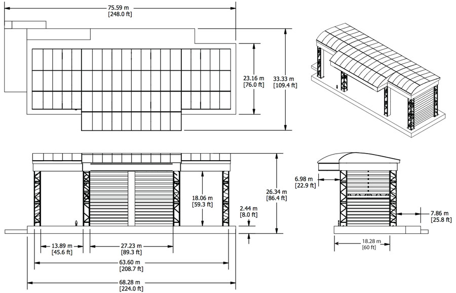 Map of Hi-Roof stage with dimensions. The structure supports gusty winds of 120 km / h and carries 68 tons hanging!