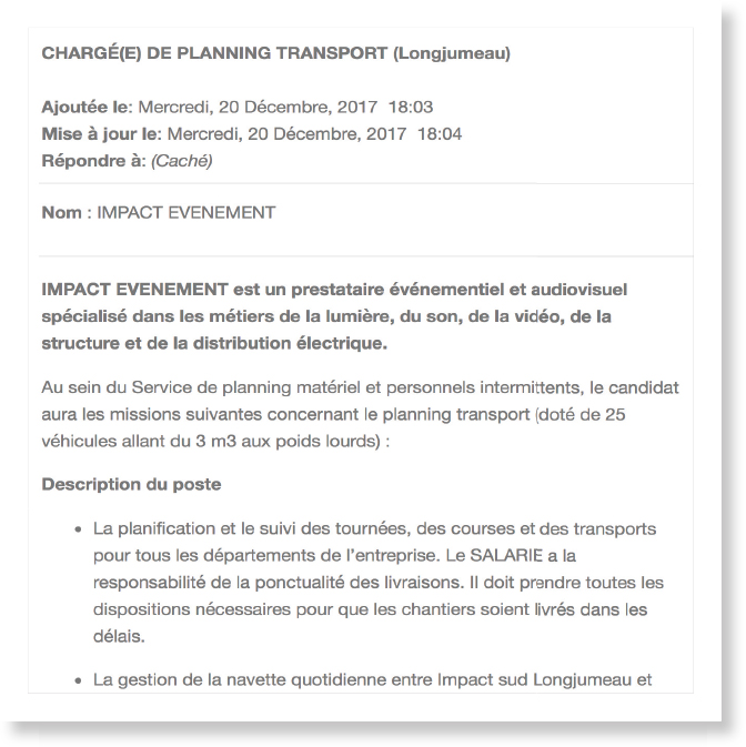 impact evénement recherche un chargé de planning transport h f